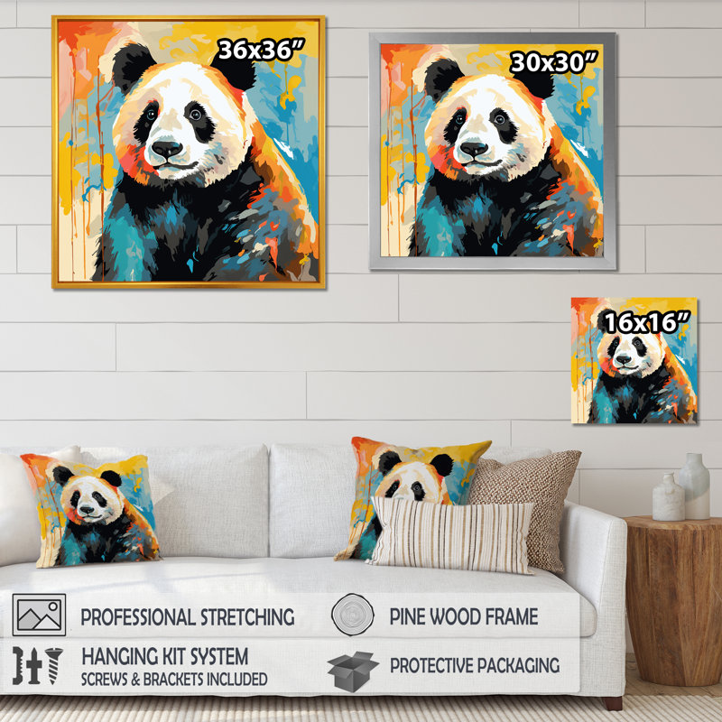Pop Art Coloful Panda II - Art mural animal panda, Toile tendue, H 16 po x l 16 po x P 1 po
