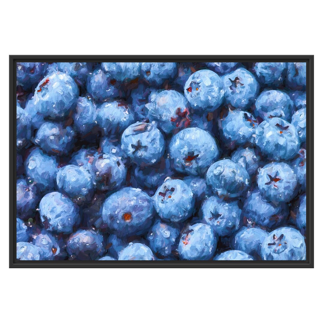 Gerahmtes Wandbild Blaubeeren mit Wassertropfen Kunst