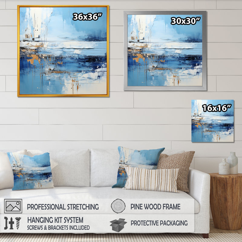 «Blue and Beige Tranquility Beach III - Coastal Minimalisme», art mural, Cadre flottant brun, H 16 po x l 16 po x P 1 po