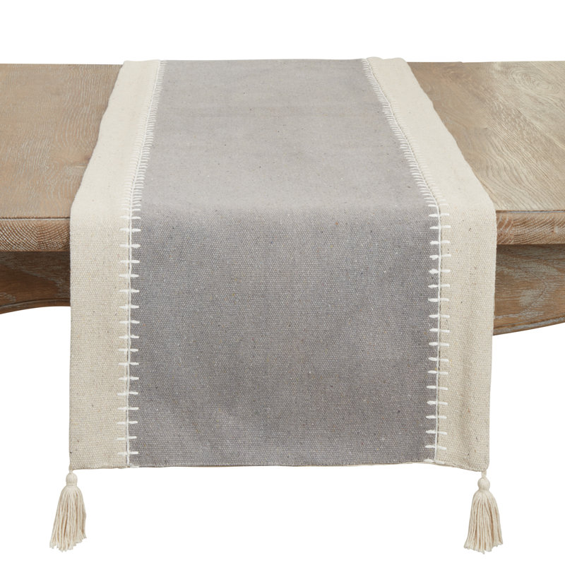Gray Cotton Whipstitched Tassel Table Runner