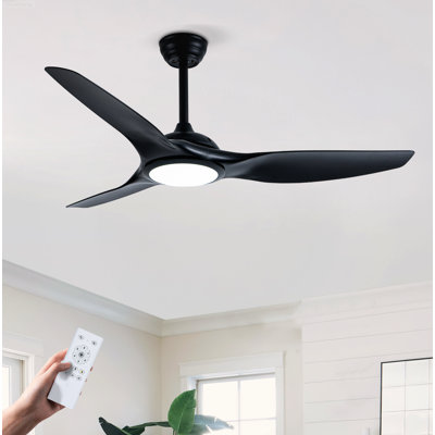 Ventilateurs de plafond modernes d'inspiration hélice avec lumières avec moteur à courant continu réversible silencieux et télécommande, noir mat