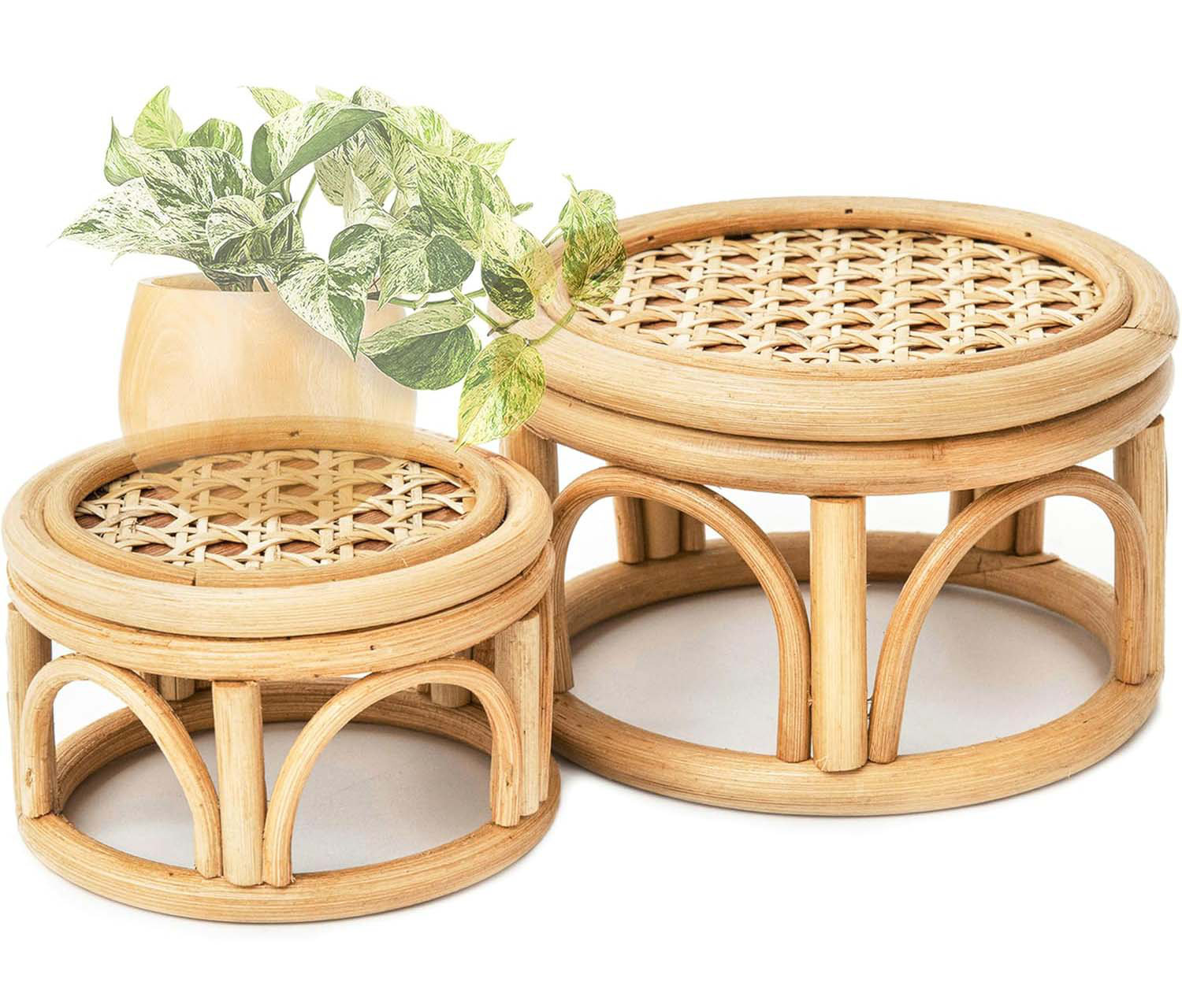 Bayou Breeze Set of 2 Small Boho Rattan Wicker Round Riser Plant Stand ...
