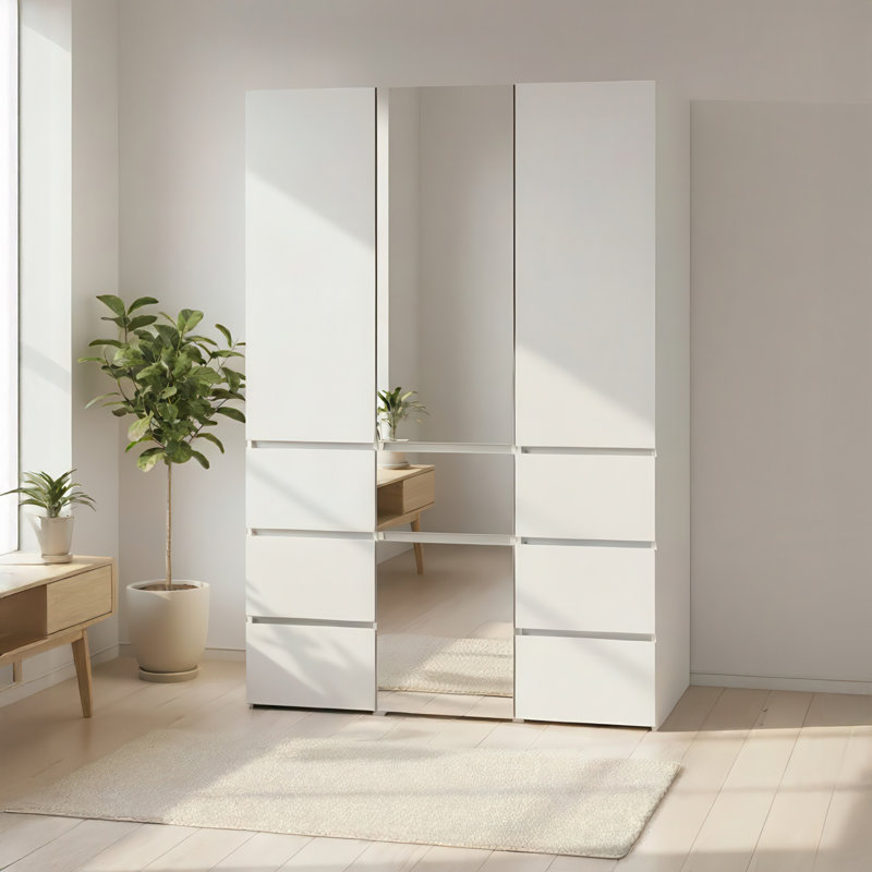 Marsden Modular Wood Closet System With Mirror In White, 70.9" H x 47.1" W x 17.7" D
