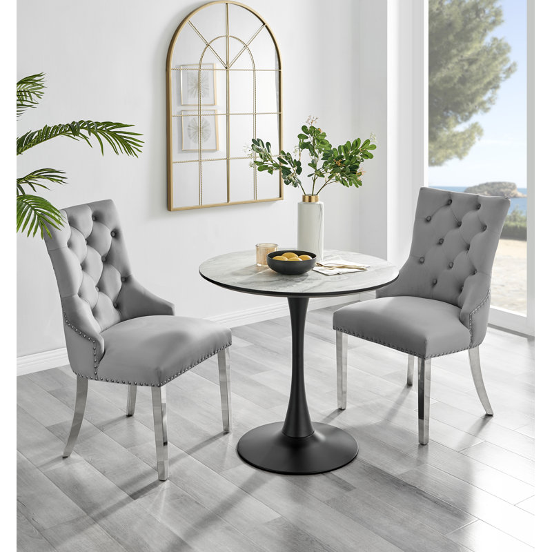 Tierra White Marble Effect Melamine Round 80cm Dining Table And Chairs - 2 Velvet Dining Chairs, Gray/Silver