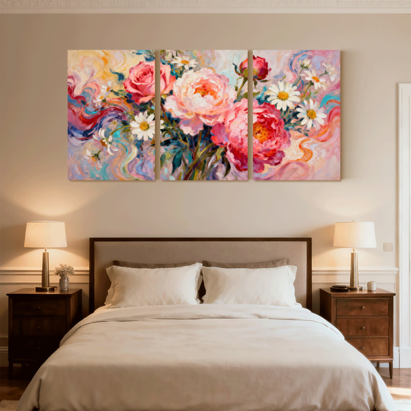 Plantes et fleurs, ensemble de 3 impressions sur toile avec roses et marguerites, H 24 po x l 48 po