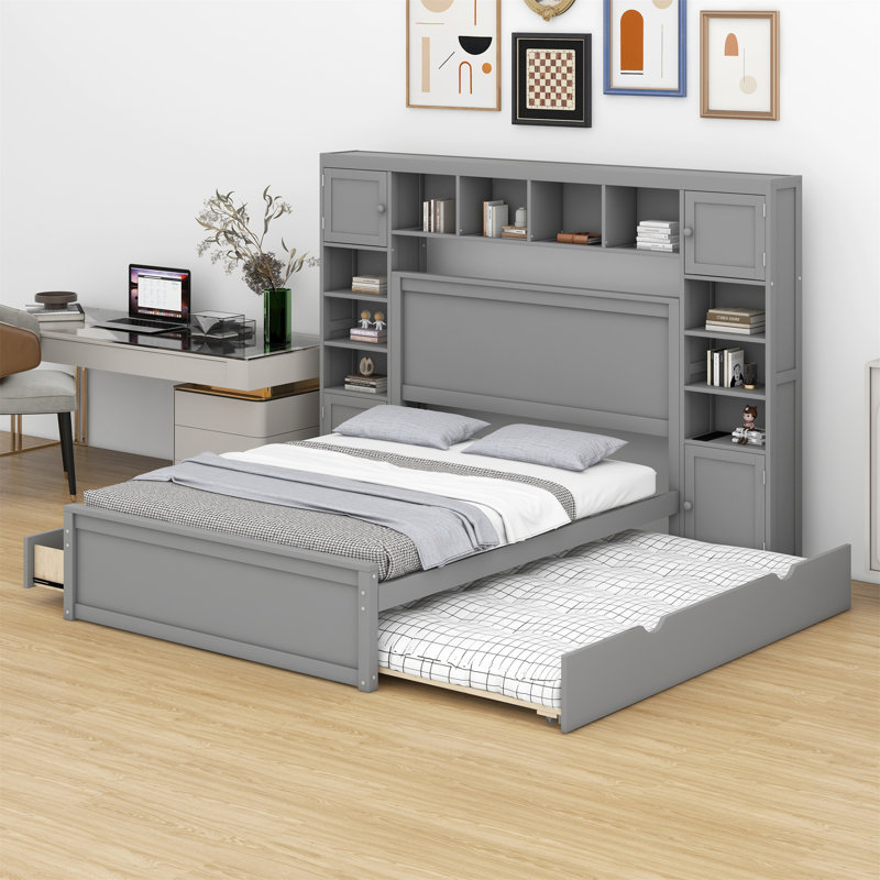 Lit en bois avec armoire tout-en-un, tablette et prises, lit gigogne, Grand lit, Gris