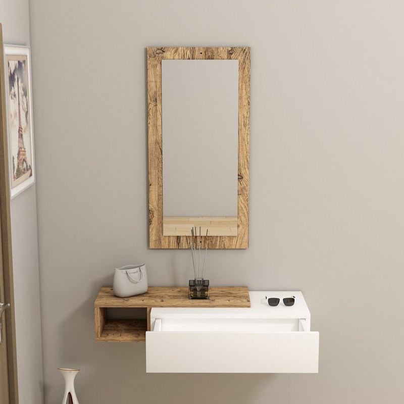 Modern Sideboard with Mirror, Atlantic Pine & White, 32.3 x 6.2 x 11.6 Inches | 100% Melamine Coated Particle Board, Includes Multiple Shelves & Wall-Mounting Option | Scandinavian Design for Stylish Storage Solutions