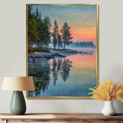 «Sunset At Dawn Lake Summer Mist», reproduction d'art sur toile, paysage orange