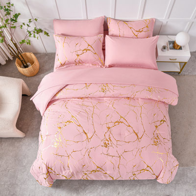 Ensemble d'édredon en marbre pour grand lit avec draps, ensembles de literie à motif de feuille d'or luxueux 7 pièces dans un sac