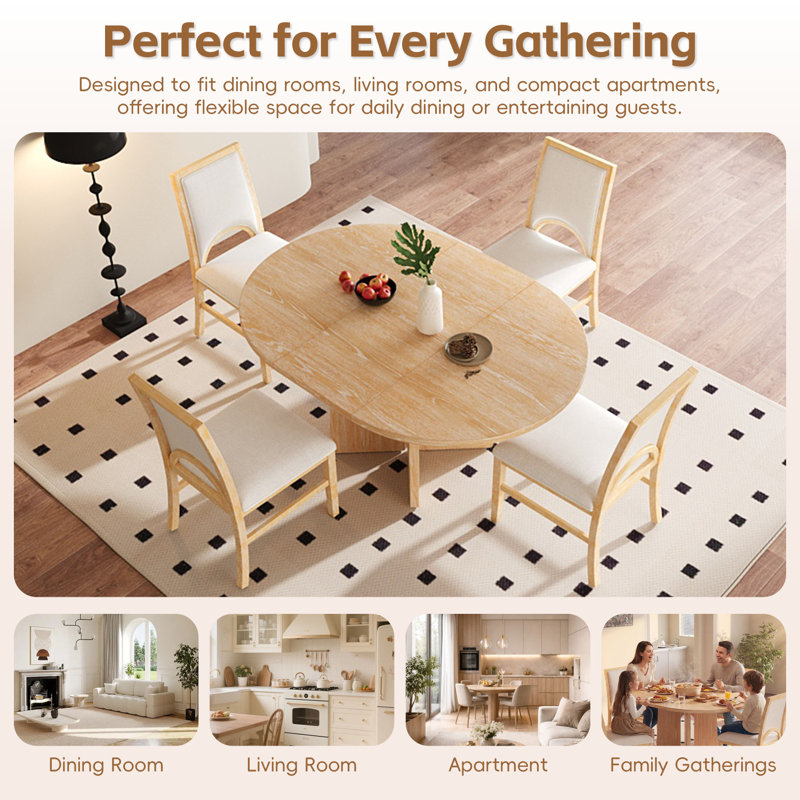 Ensemble de table de salle à manger en bois massif pour 4 personnes avec plateau extensible et chaises rembourrées, Naturel