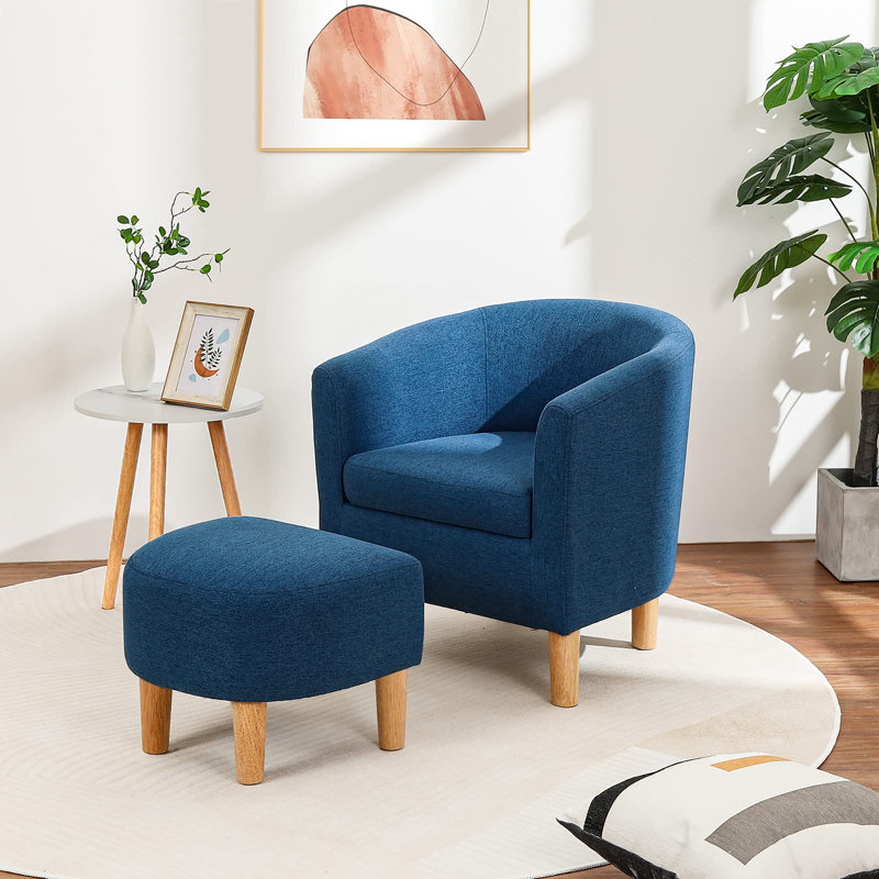 Fauteuil demi-tonneau rembourré de 27 po de large avec repose-pieds, Mélange de lin bleu