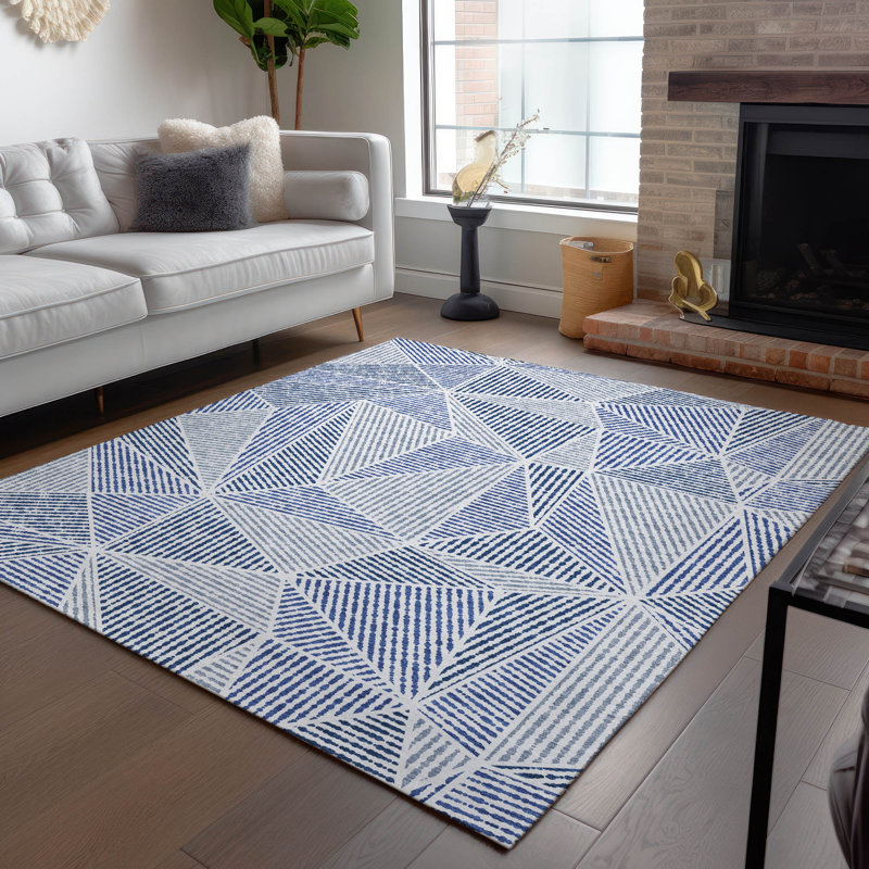 Tapis bleu marine en polyester tissé à la machine Itzayana, Rectangle 5 pi x 7 pi 6 po