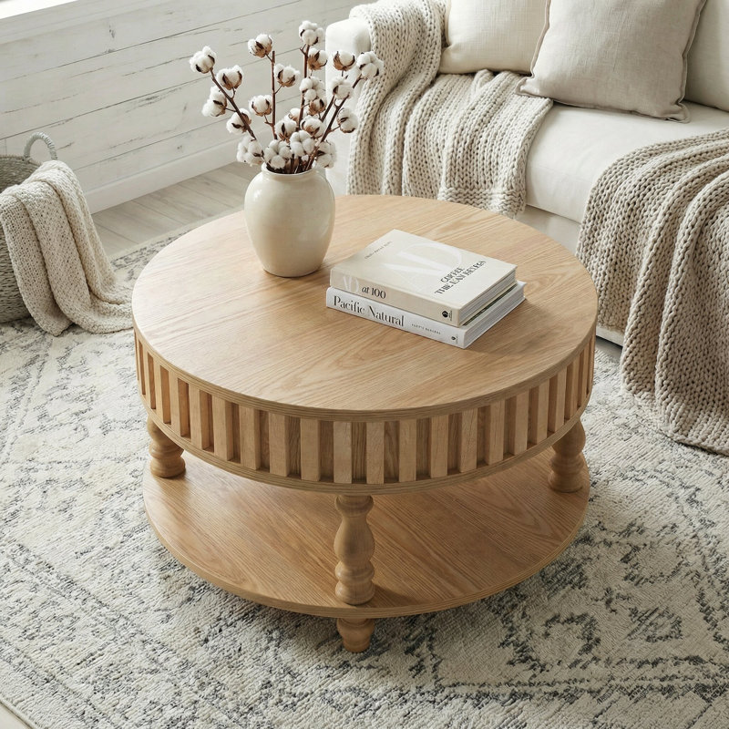 Table basse française avec plateau rabattable et rangement caché, Naturel
