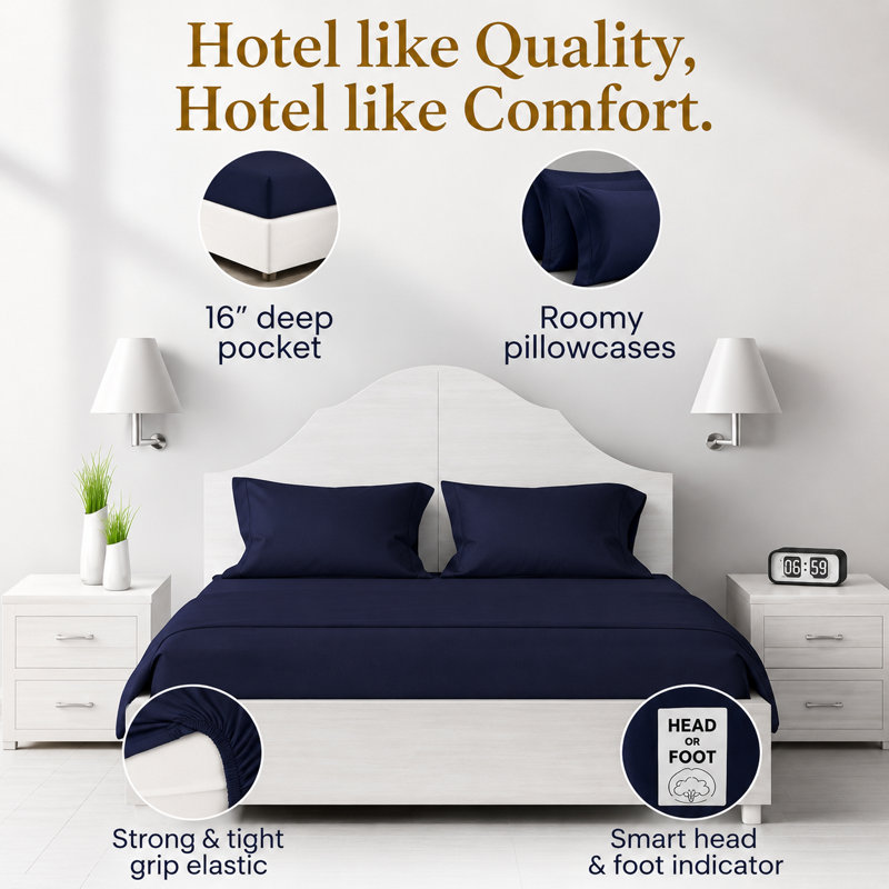 Literie 5 pièces en coton égyptien 100 % (1000 fils/cm²), taille King (lit séparé), bleu marine, Très grand séparé, Marine