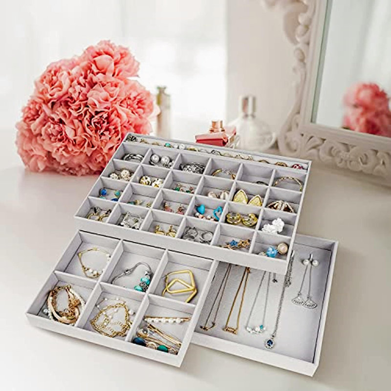 3 Stackable Jewellery Trays Organizer Set For Drawers, Jewellery Drawer Insert Divider Jewel Display Storage With Removable Dividers -Grey