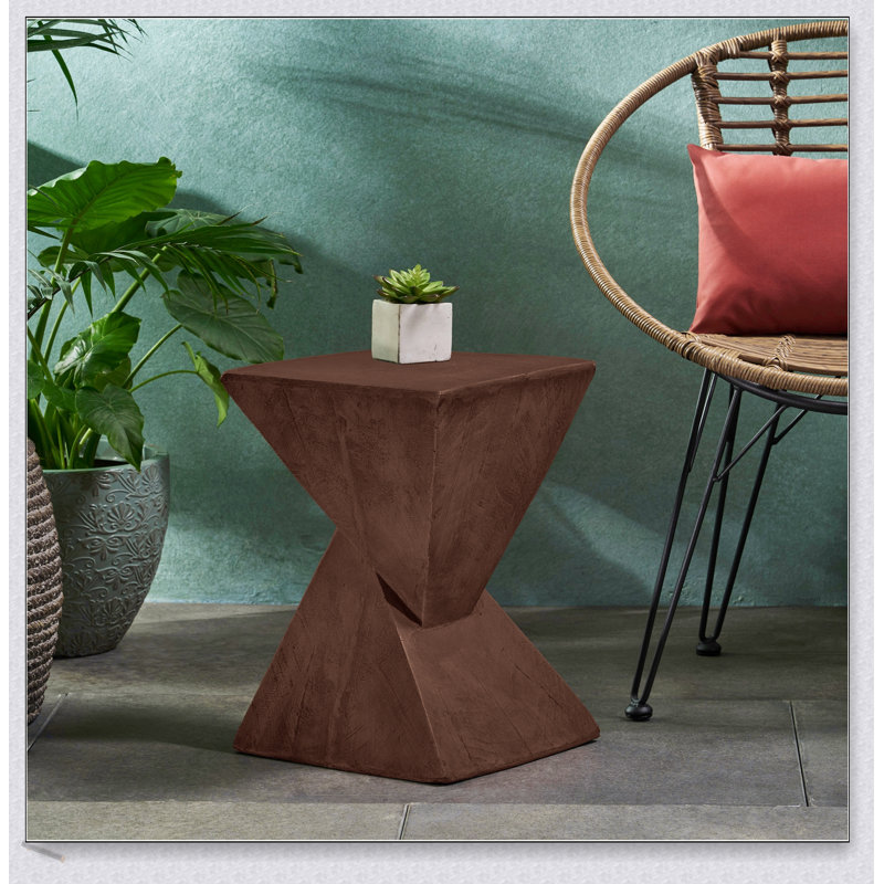 Geometric MGO Side Table With Twisted Hourglass Design And Wood-Like Finish, Durable And Versatile For Indoor And Outdoor Use