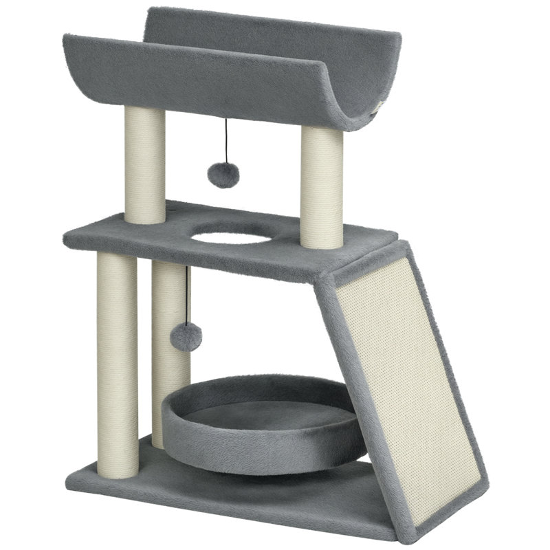 Arbre à chat Tucker Murphy Pet ™, petite tour pour chat avec perchoir, poteaux à griffer en sisal, patin à gratter, lit, boules suspendues, pour chats d'intérieur, gris clair