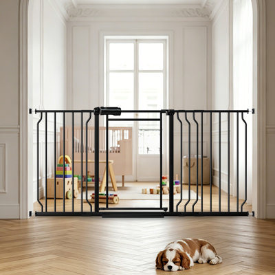 Barrière à triple verrouillage pour animaux avec panneau en acrylique transparent - Support réglable à pression de 57 à 64 po de large pour escaliers, portes en métal noir