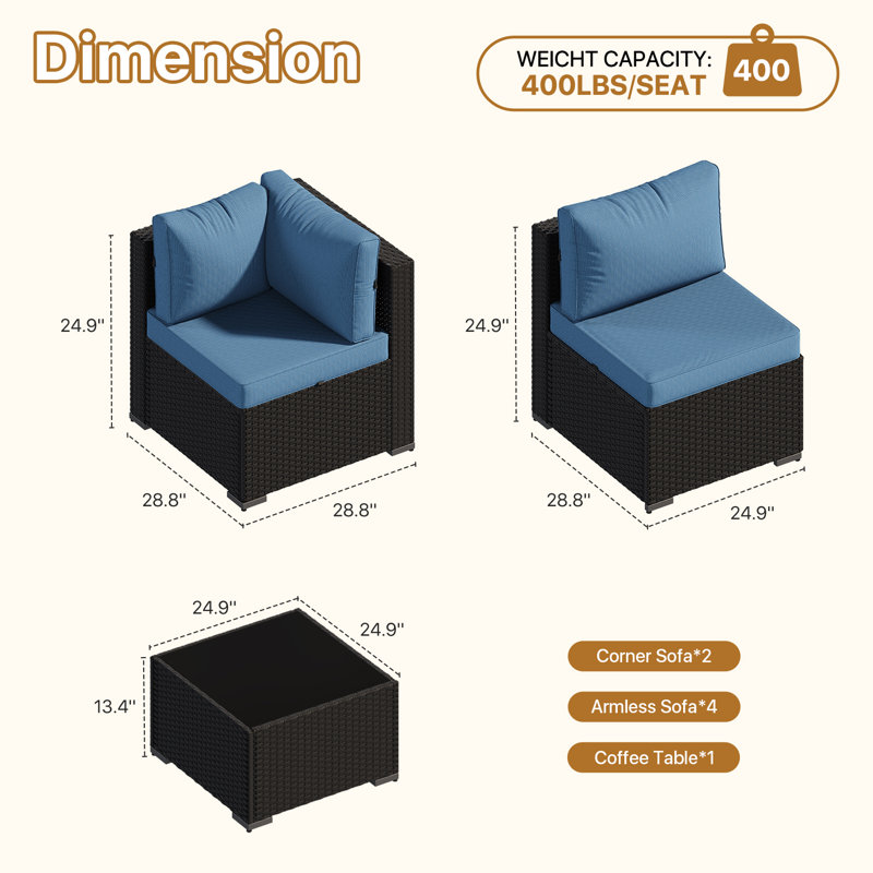 Ensemble de conversation 7 pièces pour 6 personnes , Bleu, Noir