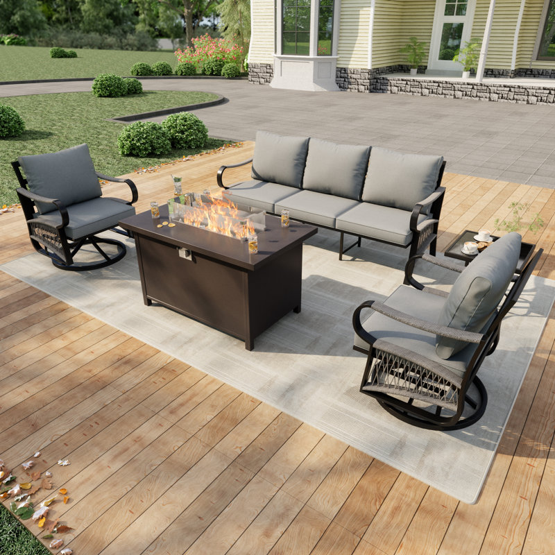 5-Piece Outdoor Metal Patio Conversation Furniture Set With Rocking & Swivel Chairs And Rectangular Fire Pit Table With Windshield, Gray Cushions