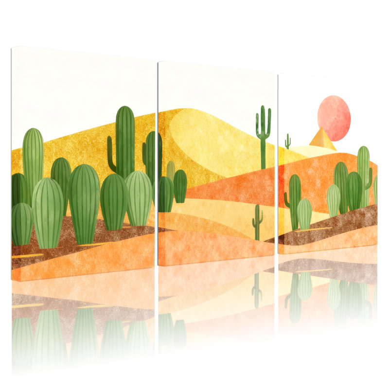 Cactus, paysage désertique avec cactus et coucher de soleil, ensemble de 3 impressions sur toile, H 18 po x l 36 po
