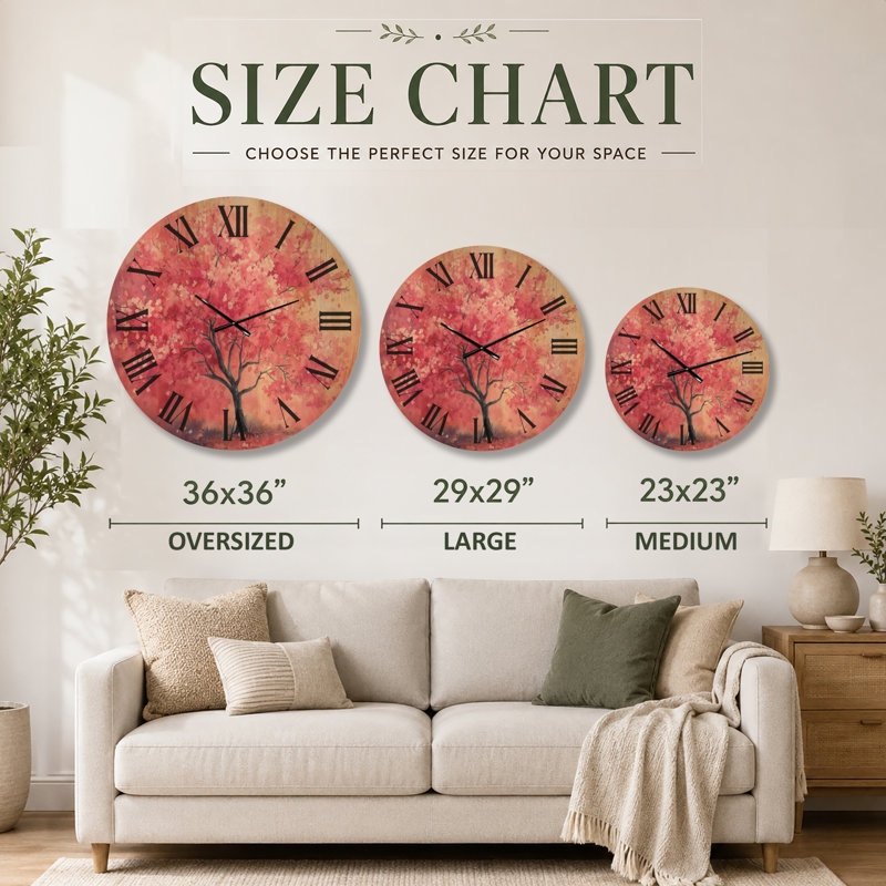Grande horloge murale en bois imprimé cerisier en fleurs - arbre en fleurs rose, Oversized