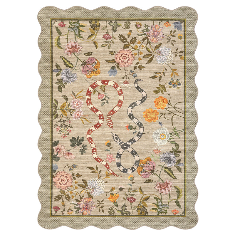 Farmhouse Floral Rug Washable Rug Non Slip Modern Scalloped Carpet, Soft Non Shedding Indoor Carpet, Low Pile Thin Foldable Printed Mat