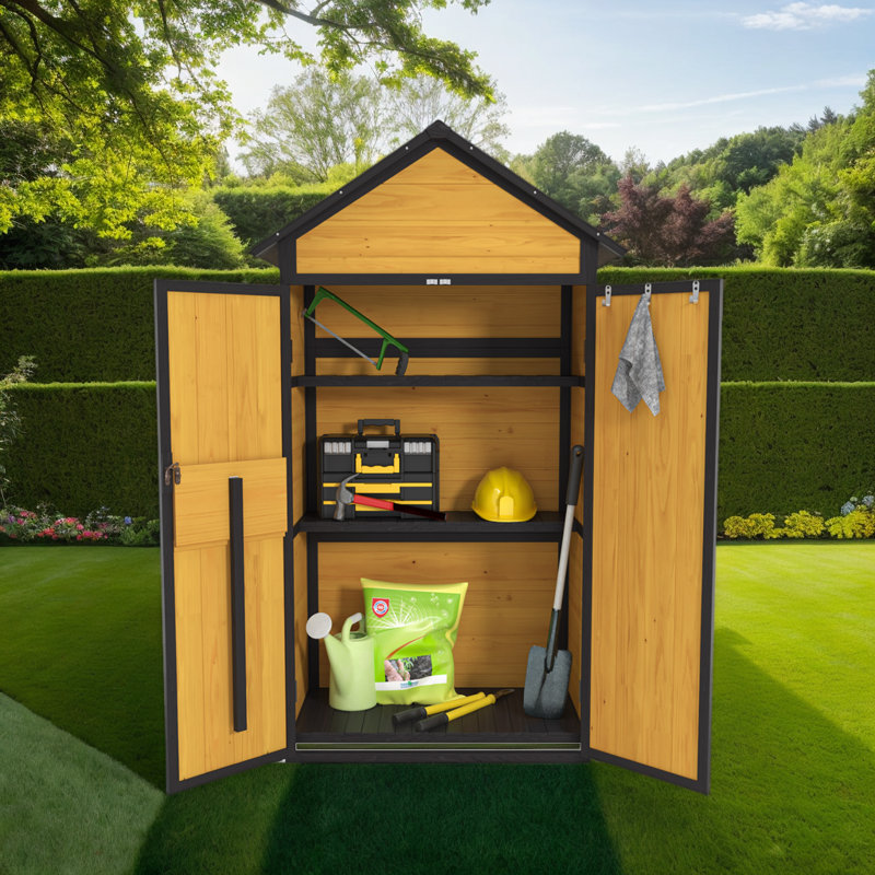 Armoire de rangement extérieure en bois résistante aux intempéries avec toit imperméable, portes verrouillables et table pliable