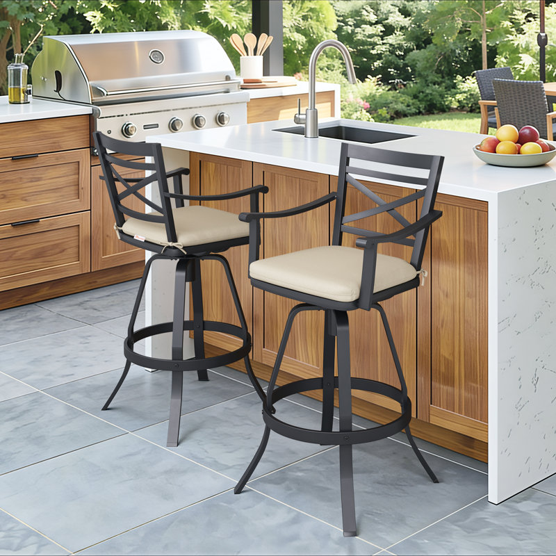 Tabourets de bar pivotants en aluminium avec coussin Sunbrella, Toile beige antique