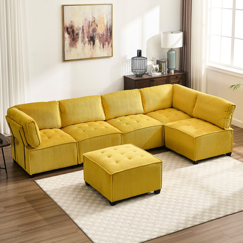 Canapé modulaire Luxury, 6 places, siège en velours côtelé jaune, Jaune