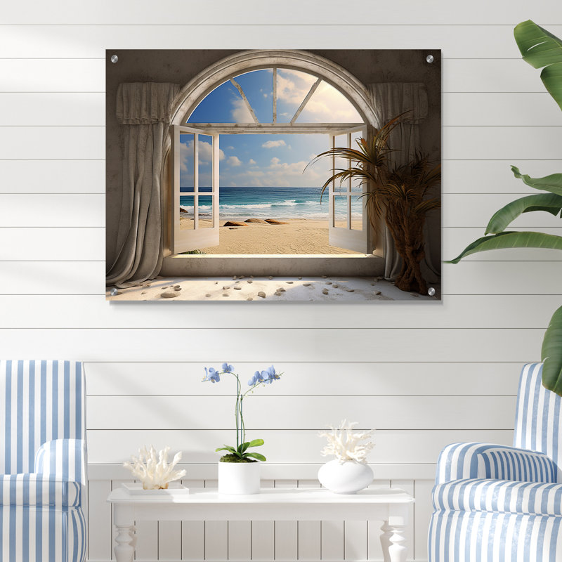 Vue sur l'océan par une fenêtre blanche ouverte - décoration murale acrylique côtière, H 12 po x l 20 po