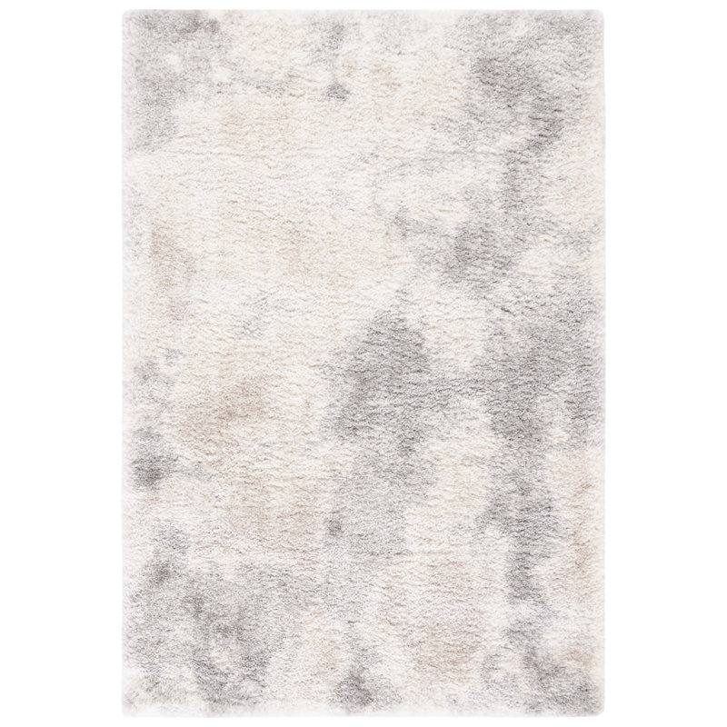Tapis abstrait en polyester tissé à la machine en ivoire / gris, Carré 6 pi 7 po