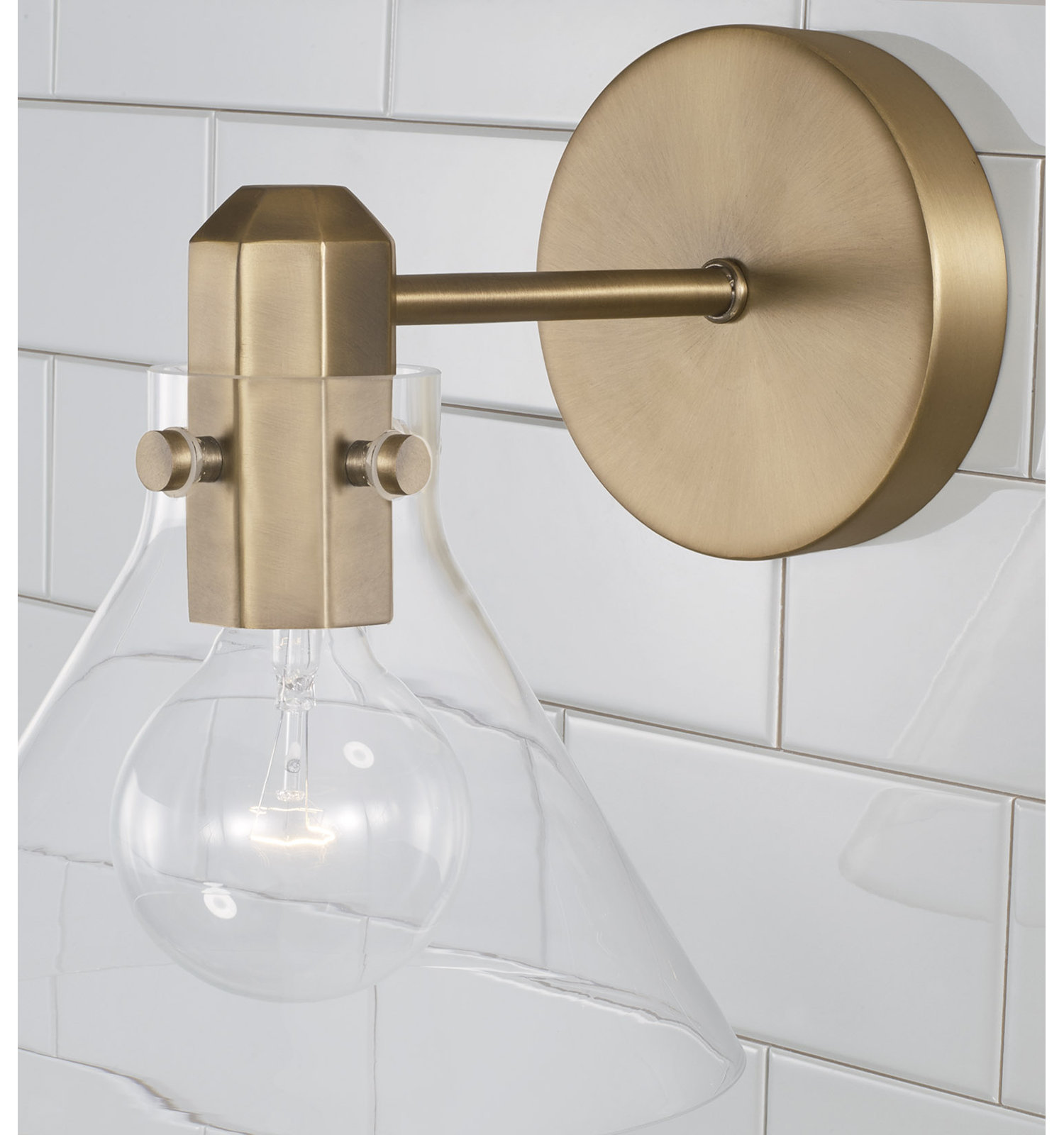 Single Light Glass Dimmable Armed Sconce, Aged Brass