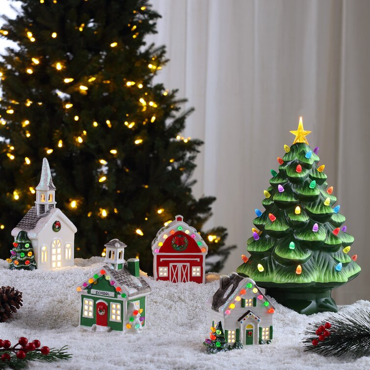 Vintage Blue Ceramic Bisque Village with Snow and Glitter Roofs and Trees