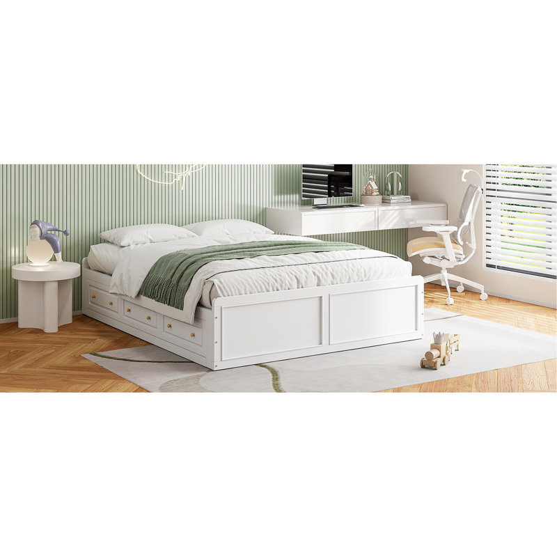 Structure de lit plateforme en bois avec 6 tiroirs, Blanc
