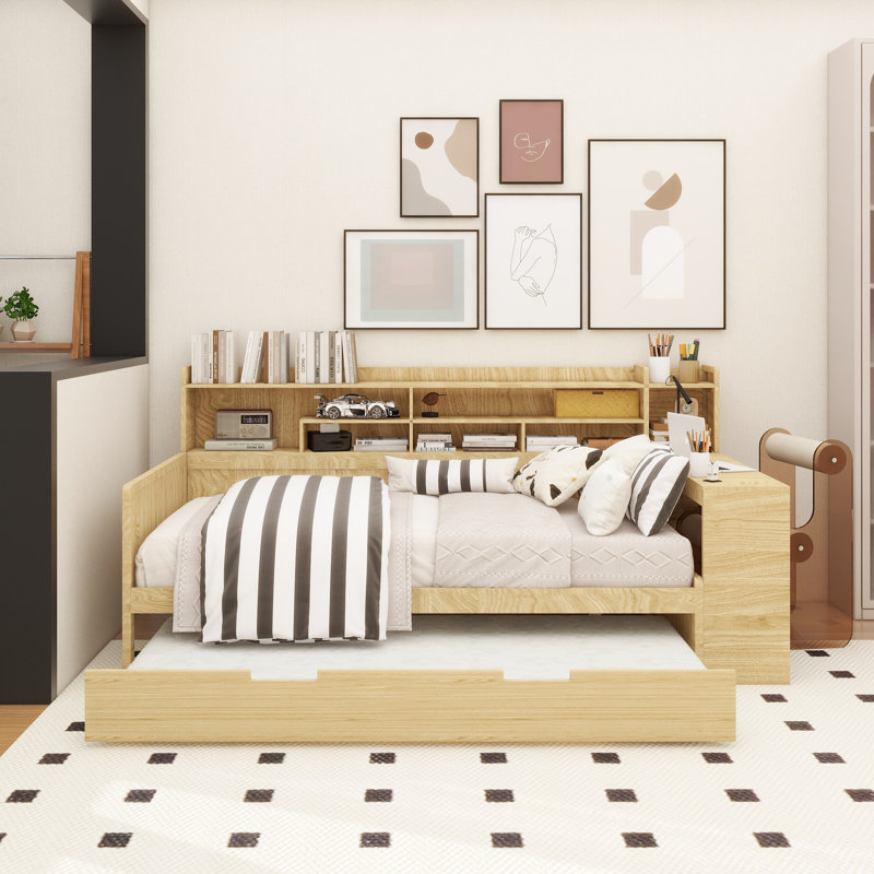 Wooden Daybed With Storage Shelves, Multi-Functional Bed With Trundle Bed And Study Desk, Natural, Twin