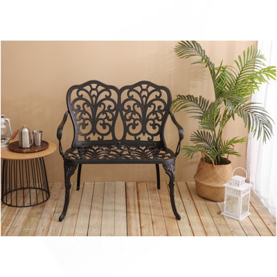 Patio Garden Bench Metal Park Bench Cast Aluminum Outdoor Furniture With Floral Rose For Patio,Park,Lawn,Yard Black