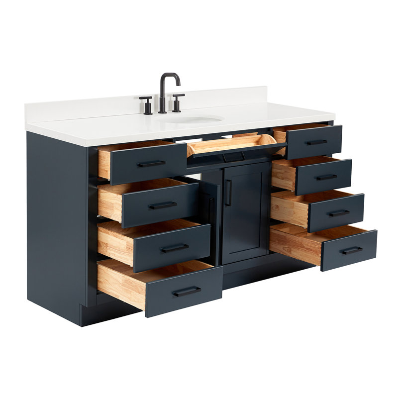 Meuble-lavabo simple en bois massif 66 po avec plateau en quartz blanc Thornaby, Ovale, Bleu minuit
