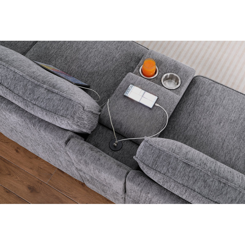Canapé modulaire en U avec canapé-lit, console avec port USB et méridienne, Chenille gris pâle