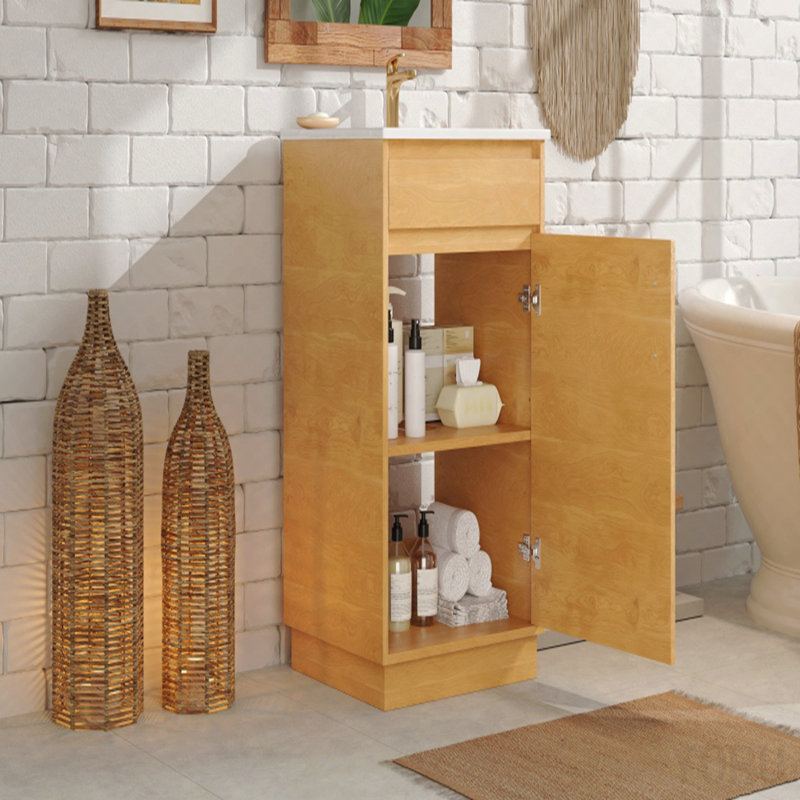 Meuble-lavabo de 20 pouces avec lavabo en céramique, ensemble de meuble-lavabo simple autoportant avec porte à fermeture douce, tablette réglable, style maison de campagne, bois naturel.