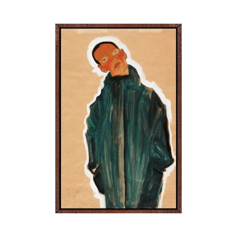 Boy In Green Coat, 1910 by Egon Schiele - Painting on Canvas, 101.6cm H x 66.04cm W x 3.81cm D, Classic Brown Wood Framed