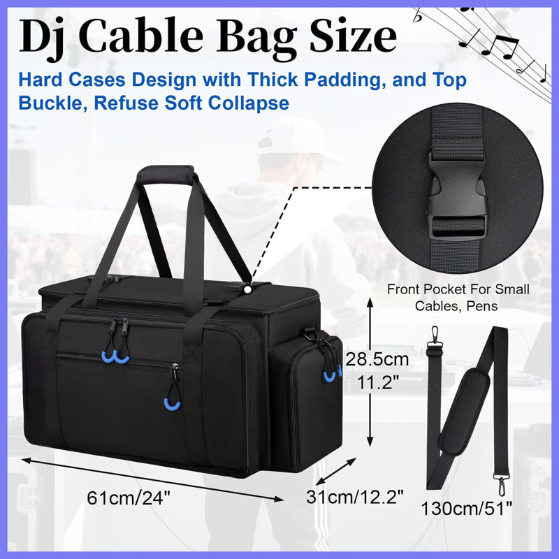 Sac de rangement pour câbles avec fond rembourré et séparateurs, pochette pour ordinateur portable pour voyage de musicien