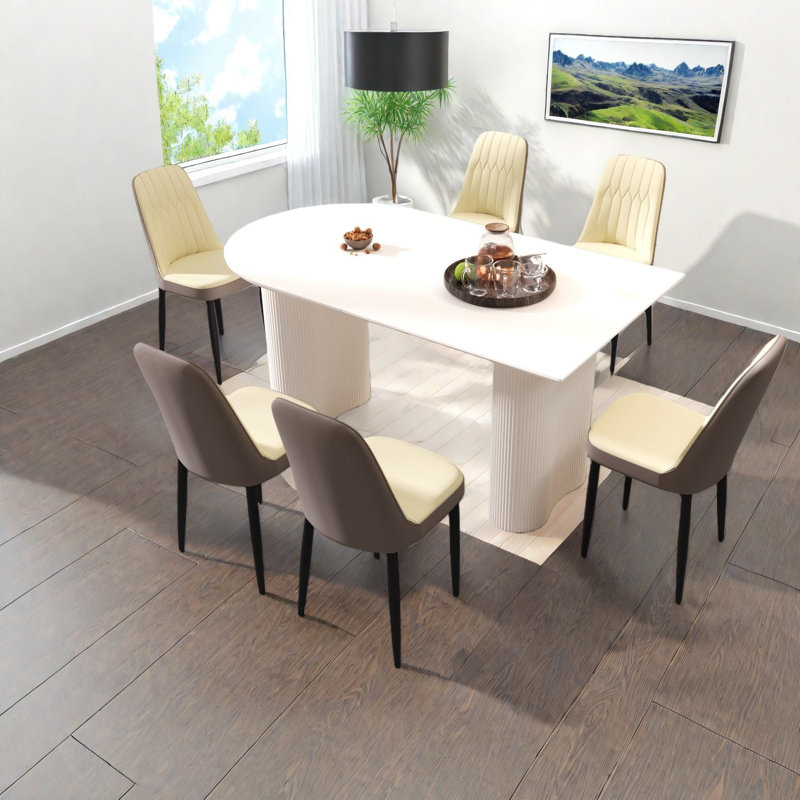 Ensemble de table de salle à manger moderne 7 pièces, MDF et PU crème, maison et cuisine