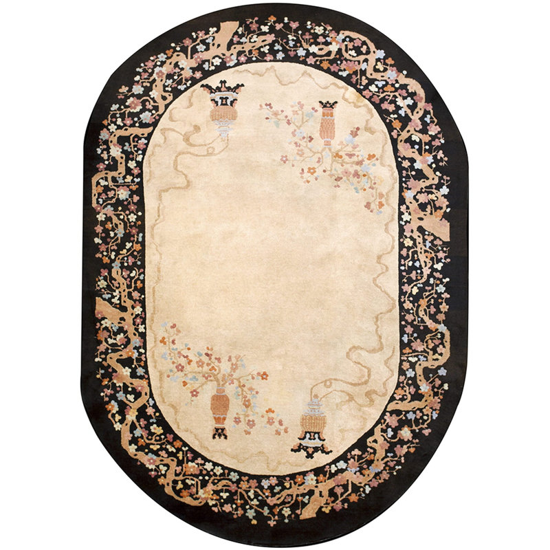 Wool Floral Antique Ivory Beige Cream White 1920s Hand Knotted Pile Rectangle Rug