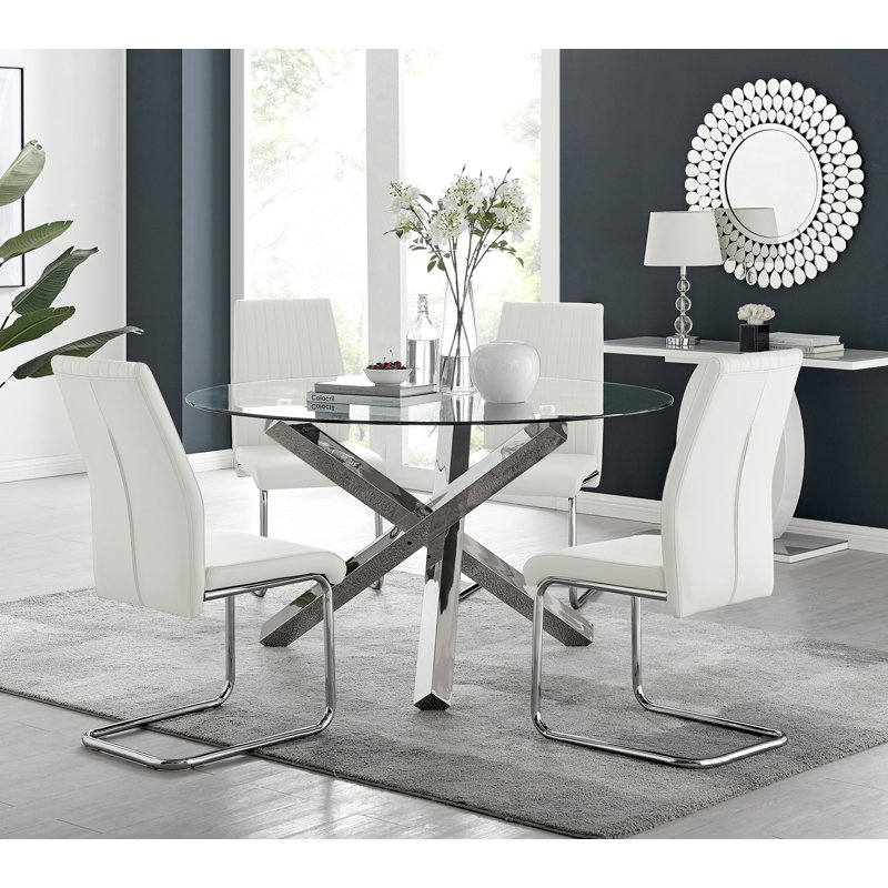 Vogo Modern Design Chrome and Glass Dining Table Set with 4 Upholstered Faux Leather Dining Chairs, White