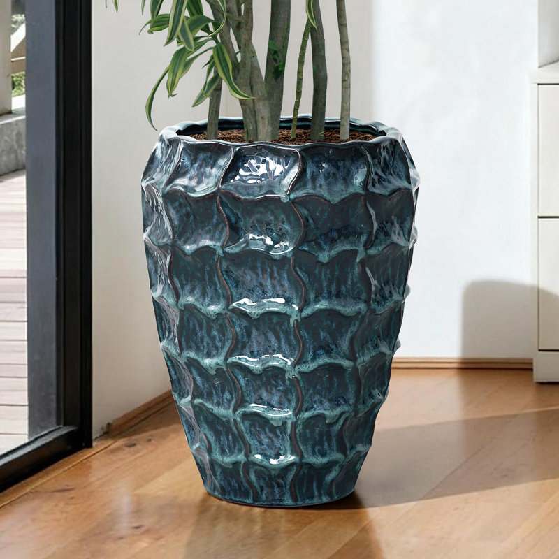Coastal Ceramic Planter, Glossy Blue Teal Ceramic with Textured Scale Design