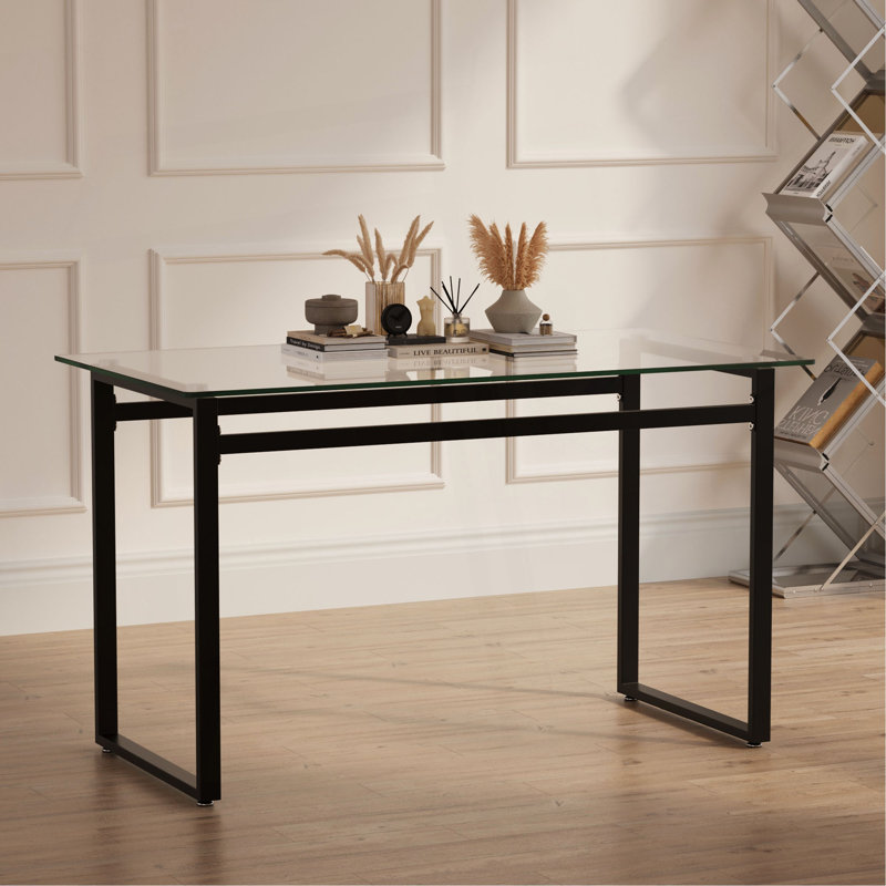 Table de salle à manger 51 "moderne en verre rectangulaire minimaliste pour 4 à 6 personnes avec plateau en verre trempé de 0,31" et pieds en métal chromé noir, bureau de table d'écriture, pour la cuisine, le salon et la salle à manger (0 dégât)