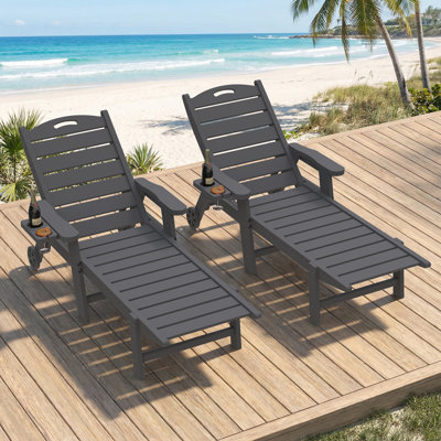 Oversized HDPE 5-Position Adjustable Outdoor Chaise Lounge Chair with Cup Holder Wheels,All-Weather Portable Reclining Patio Lounger for Deck,Poolside,Lawn,Garden,Backyard(Set of 2)
