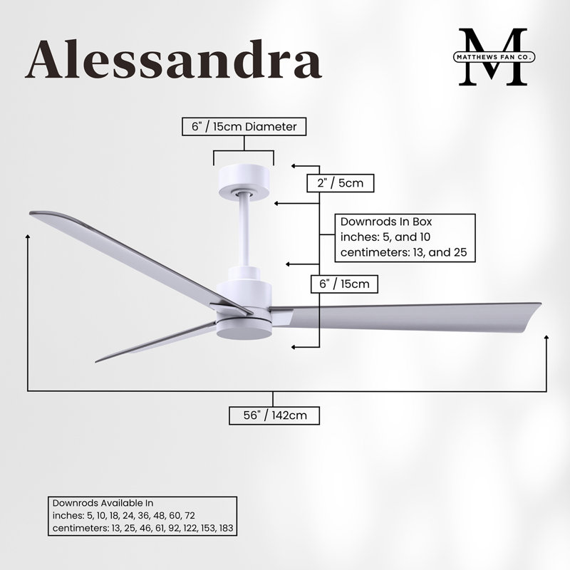 Alessandra Outdoor Downrod Ceiling Fan, Brushed Nickel, Matte White