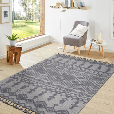 Tapis intérieur / extérieur 6X9 blanc / gris, teinté, non délesté et approuvé par les animaux de compagnie, velours moyen, ajoute un élément chic au tapis de chambre à coucher blanc / gris, de style traditionnel et pour animaux de compagnie, améliore le confort